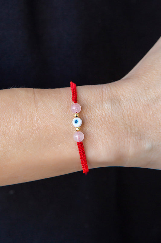 Kırmızı İp ve Pembe Kuvars - Anne Çocuk Bilekliği