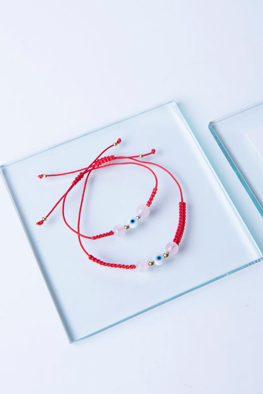 Kırmızı İp ve Pembe Kuvars - Anne Çocuk Bilekliği